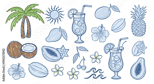 Vibrant Blue Tropical Fruit and Beverage Collection Isolated