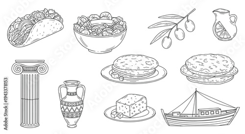 Mediterranean Culinary and Cultural Elements Hand-Drawn Outline Illustration Set