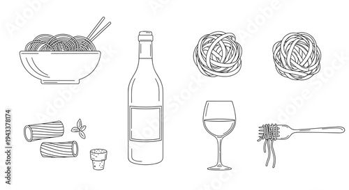 Minimalist black and white illustration of Italian food and drink items