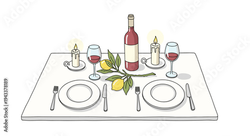 Illustration of an Intimate Dinner Table Setting with Wine Candles and Lemons