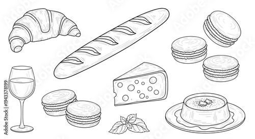 Sketch of French Delicacies: Macarons Croissant Baguette Cheese Dessert Wine