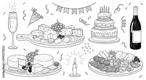 Celebration Food Illustration with Cake Wine Cheese and Charcuterie Boards