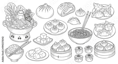 Delicious Asian Dinner Spread with Assorted Dishes and Hot Pot Top View