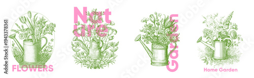 Intricate botanical illustration featuring vintage watering cans filled with lush flowers and foliage. The design combines green and pink hues, creating a charming garden theme.