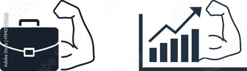 Business growth and strength represented by flexed arm silhouette with briefcase and graph 