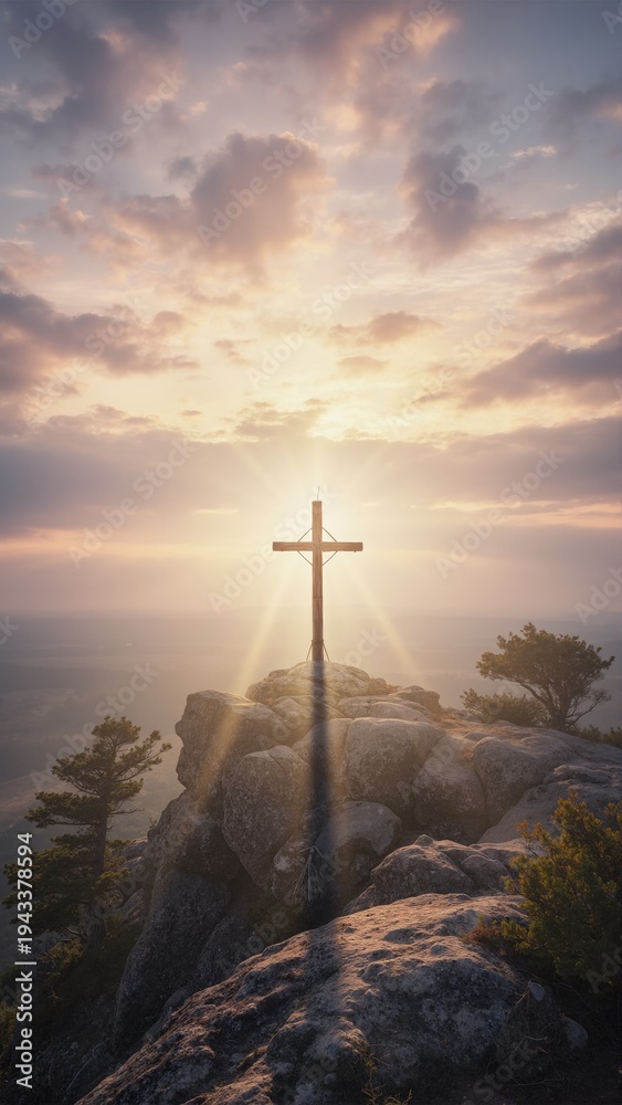 Obraz premium Vertical photo of wooden cross on rocky mountain peak at sunset. Christian religious symbol with sun rays and dramatic sky. Easter resurrection concept