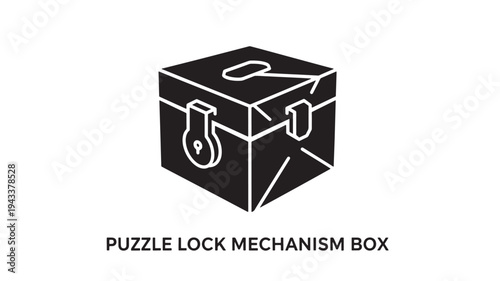 A black puzzle lock mechanism box with a handle on top and a padlock on the front, isolated on a white background, conveying a sense of mystery and problem-solving.