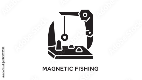 A black and white graphic illustration of a magnetic fishing game on a table, indoor setting, fun and educational toy for kids, learning through play, recreational activity.