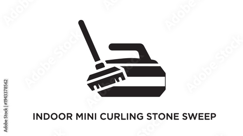 A black and white icon of an indoor mini curling stone sweep game, featuring a curling stone and broom on a clean white background, perfect for gaming or sports illustrations