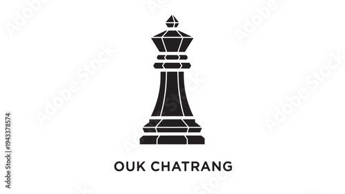 A black chess king piece with white lines on a plain white background, accompanied by the text OUK CHATRANG, representing strategy and focus in a minimalist design.