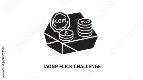 A black and white illustration of a box with coins and the TAONP FLICK Challenge logo, representing a money concept in a minimalist style.