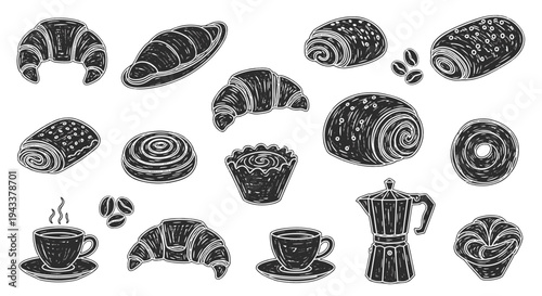 Breakfast Pastries and Coffee Sketch Set - Monochrome Hand-Drawn Morning Delights