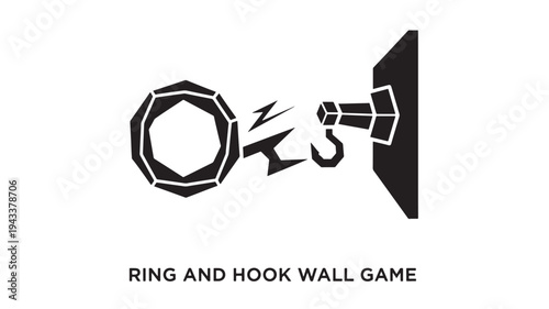 A black and white illustration of a ring and hook wall game, showcasing a geometric ring and hook design on a white background, ideal for indoor recreational activities and games.