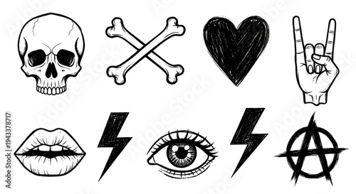 Graphic Collection of Hand-Drawn Punk and Rock Style Doodle Elements