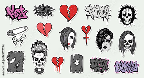 Edgy Alternative Sticker Design Collection: Skulls Broken Hearts and Graffiti Art