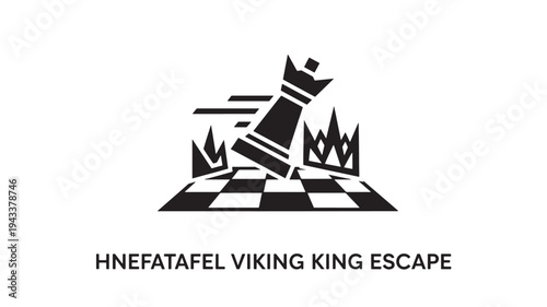 A stylized black and white image of a Viking king chess piece escaping from a chessboard, conveying a sense of strategy and freedom.
