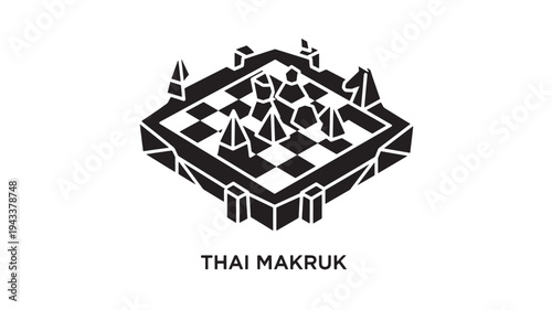 A black and white illustration of a Thai Makruk chessboard with pieces, set against a clean white background, evoking a sense of strategy and focus, perfect for gaming or cultural concept uses.