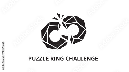 Minimalist black and white puzzle ring challenge logo with interlocking geometric shapes, ideal for gaming, brain teasers, and intellectual challenges.