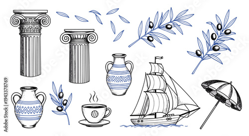 Mediterranean Icon Set with Olives Sailboat Amphora Umbrella and Pillars