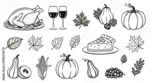 Autumn harvest sketch collection with pumpkins turkey pie and leaves