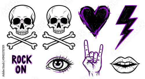 Bold doodle collection with skulls lightning and rock gestures for edgy design