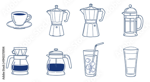 Minimalist icons for preparing coffee and other beverages: an elegant set of line designs