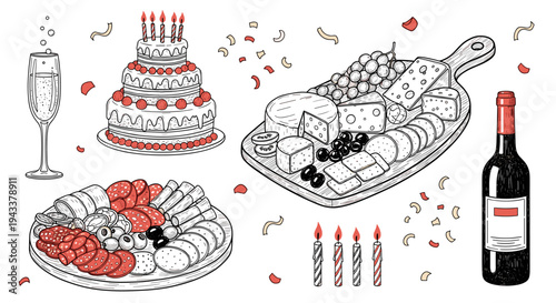 Celebration Food Assortment Doodle Line Art with Cake Wine and Savory Plates