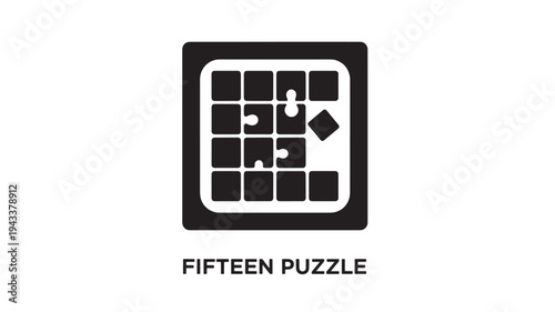 A black and white logo of the fifteen puzzle game, featuring puzzle pieces in a sliding puzzle arrangement on a clean white background.