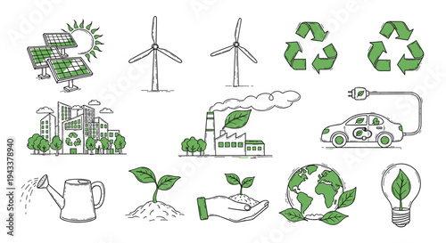 Sustainable future: eco-friendly energy recycle nature environment save planet doodle