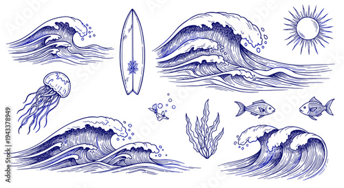 Oceanic Blue Ink Sketches: Waves Marine Life and Surfboard