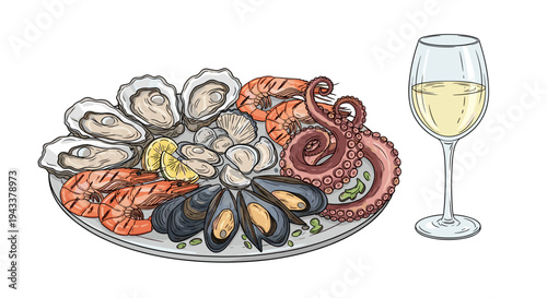 Illustration of a Delicious Seafood Platter with Mussels Shrimp Octopus and Oysters