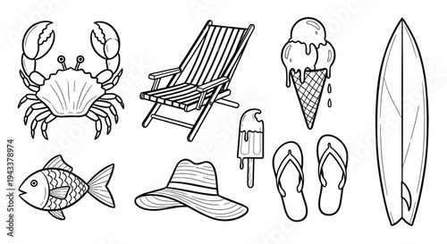 Summer Beach Vacation Outline Set with Accessories Food and Sea Creatures