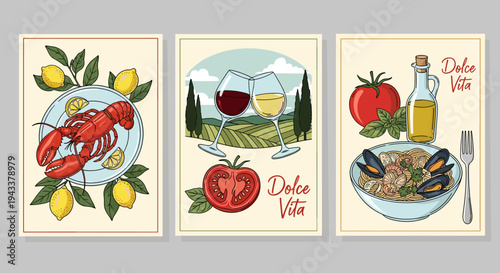 Vibrant Italian Food and Drink Illustration Collection for Culinary Design Concepts