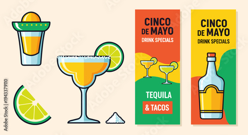 Vibrant Mexican-themed graphic with drink specials and festive celebration elements