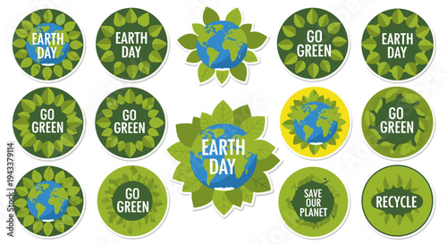 Collection of vibrant environmental theme stickers for promote Earth conservation