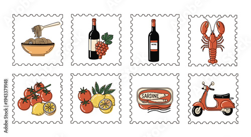 Collection of postage stamp illustrations featuring food drink and travel elements