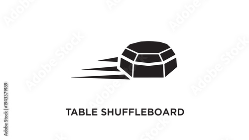 A sleek black and white graphic of a table shuffleboard game, depicted in a dynamic motion style, set against a clean white background, ideal for illustrating indoor games or recreational activities.