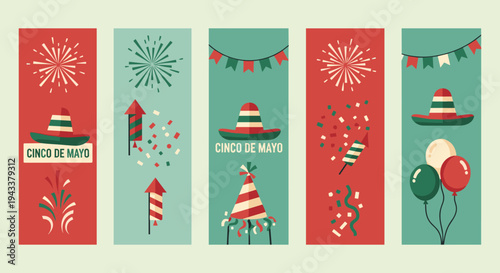 Vibrant festive banners featuring sombreros fireworks and balloons for celebration design