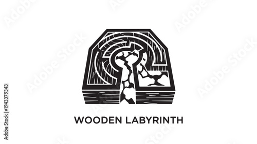 A black and white image of a wooden labyrinth maze with puzzle pieces, representing problem solving and brain teaser concepts, on a clean white background.