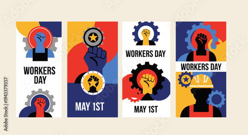 Vibrant Banners Celebrate Work and Unity in Bold Abstract Design for May Day