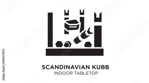 High-quality image of a Scandinavian Kubb tabletop game featuring wooden blocks, king piece, and minimalist design, ideal for indoor leisure and board game concepts.
