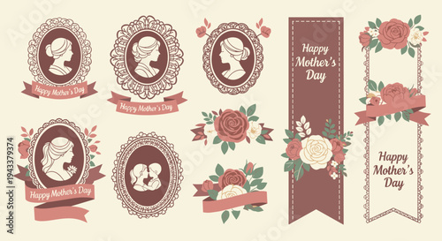 Elegant Mother's Day floral and cameo illustrations for celebration banners and cards