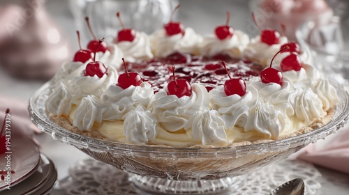 Classic fruit pasta mixture piped around the edges with decorative whipped cream rosettes, maraschino cherries placed evenly along border, presented in vintage pressed-glass serving dish