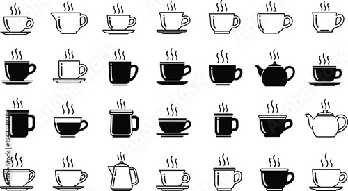 Collection of steaming coffee cups and mugs in various styles