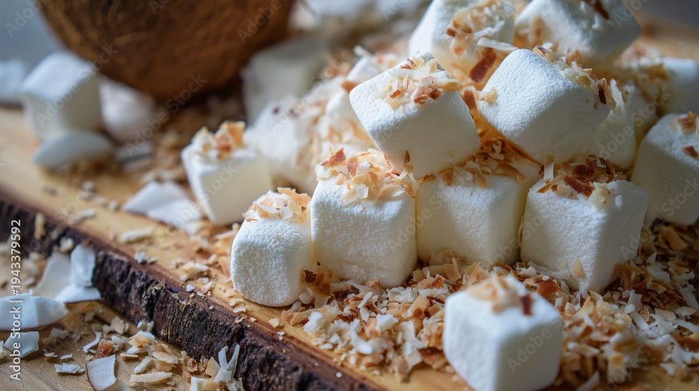 Fototapeta premium Extra marshmallows and toasted coconut flakes sprinkled generously, playful texture contrast, bright family picnic scene