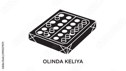 A black and white illustration of the Olinda Keliya board game, showcasing its unique design with cylindrical pieces on a rectangular board, ideal for strategy and puzzle game enthusiasts.