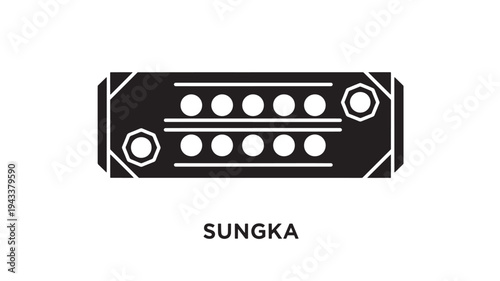 A black and white illustration of a Sungka game board, a traditional Filipino indoor game, showcasing strategy and skill in a recreational setting.