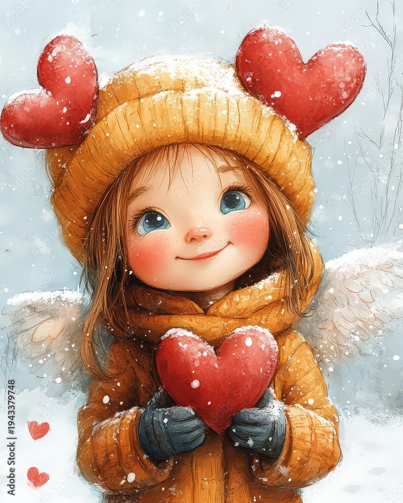 Obraz premium Romantic Valentine's Day Angel with Hearts and Snow