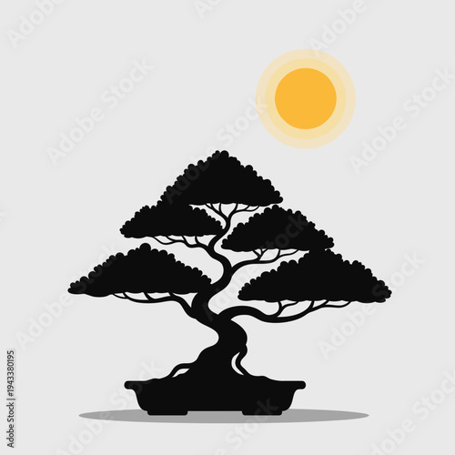Silhouette of a bonsai tree in a pot under a bright sun, minimalist design