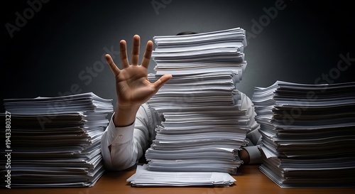 Overwhelmed individual submerged by massive paper stacks, extending a hand to halt further additions